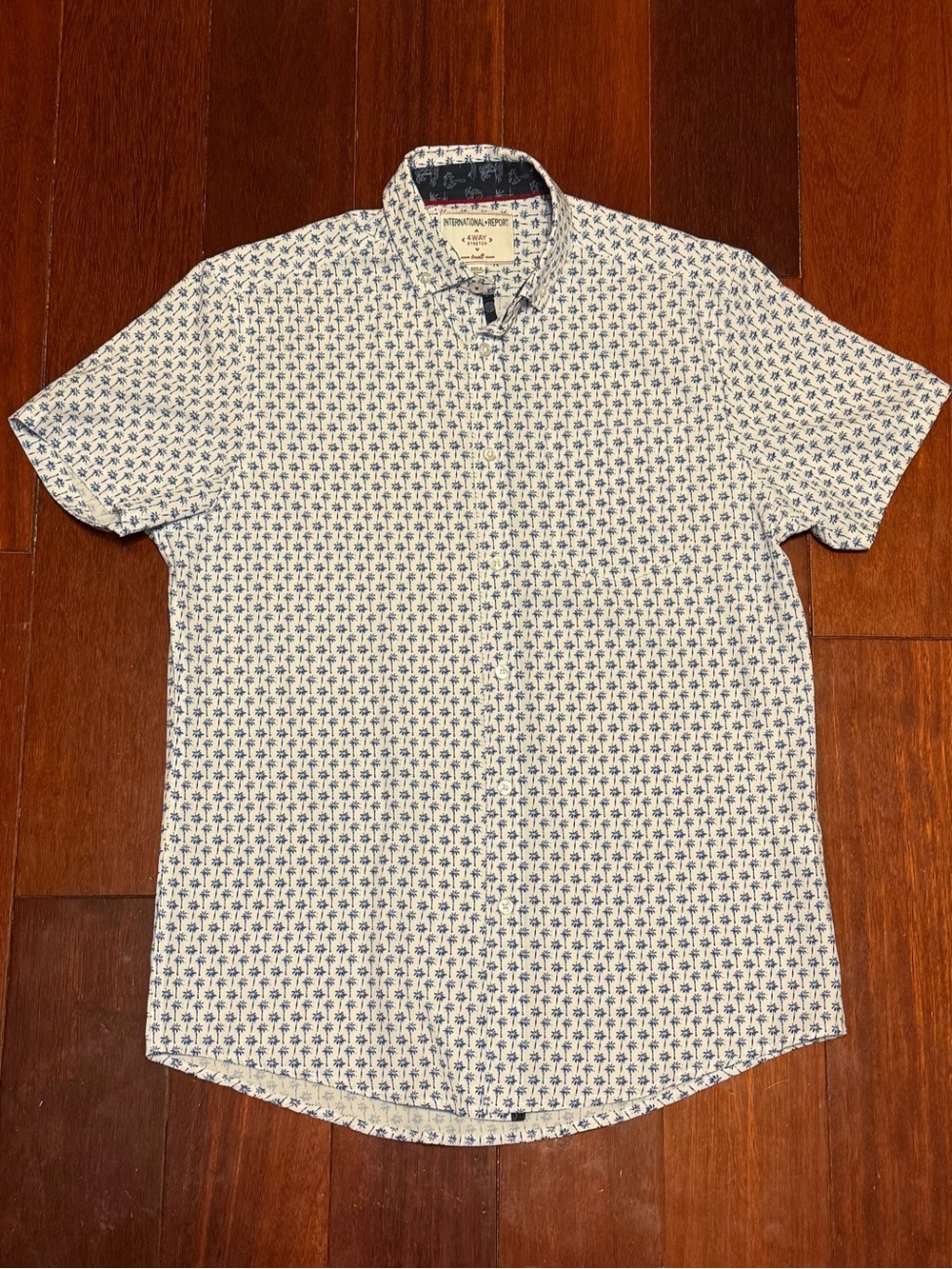 Casual Short-Sleeve Button-Down Shirt in White with Blue Print
